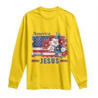 America Needs Jesus Long Sleeve Shirt Christian Floral US Flag 4th of July