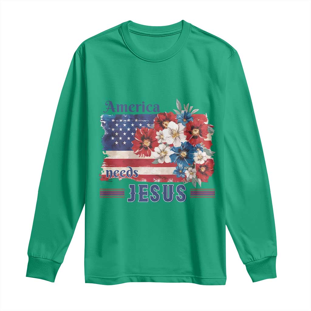 America Needs Jesus Long Sleeve Shirt Christian Floral US Flag 4th of July