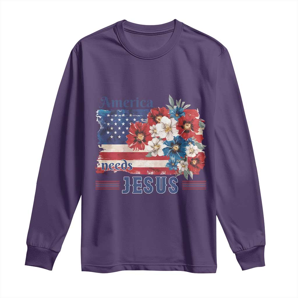 America Needs Jesus Long Sleeve Shirt Christian Floral US Flag 4th of July
