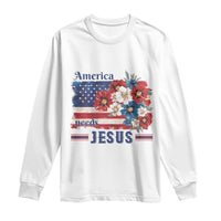 America Needs Jesus Long Sleeve Shirt Christian Floral US Flag 4th of July
