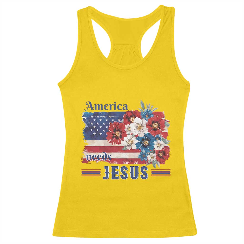 America Needs Jesus Racerback Tank Top Christian Floral US Flag 4th of July