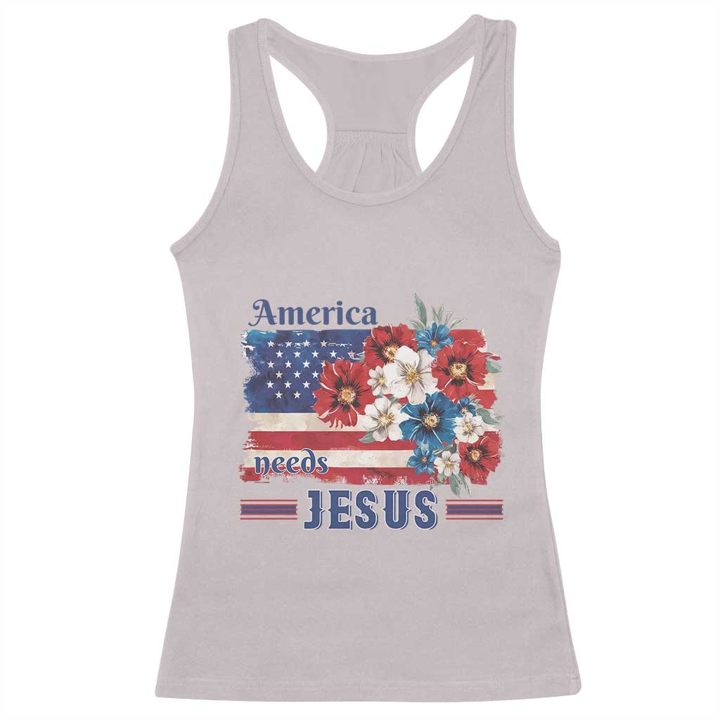 America Needs Jesus Racerback Tank Top Christian Floral US Flag 4th of July
