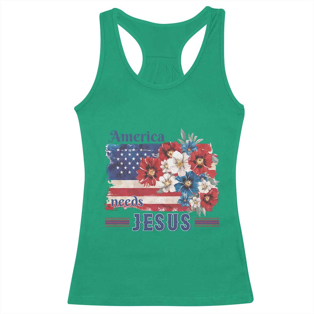America Needs Jesus Racerback Tank Top Christian Floral US Flag 4th of July