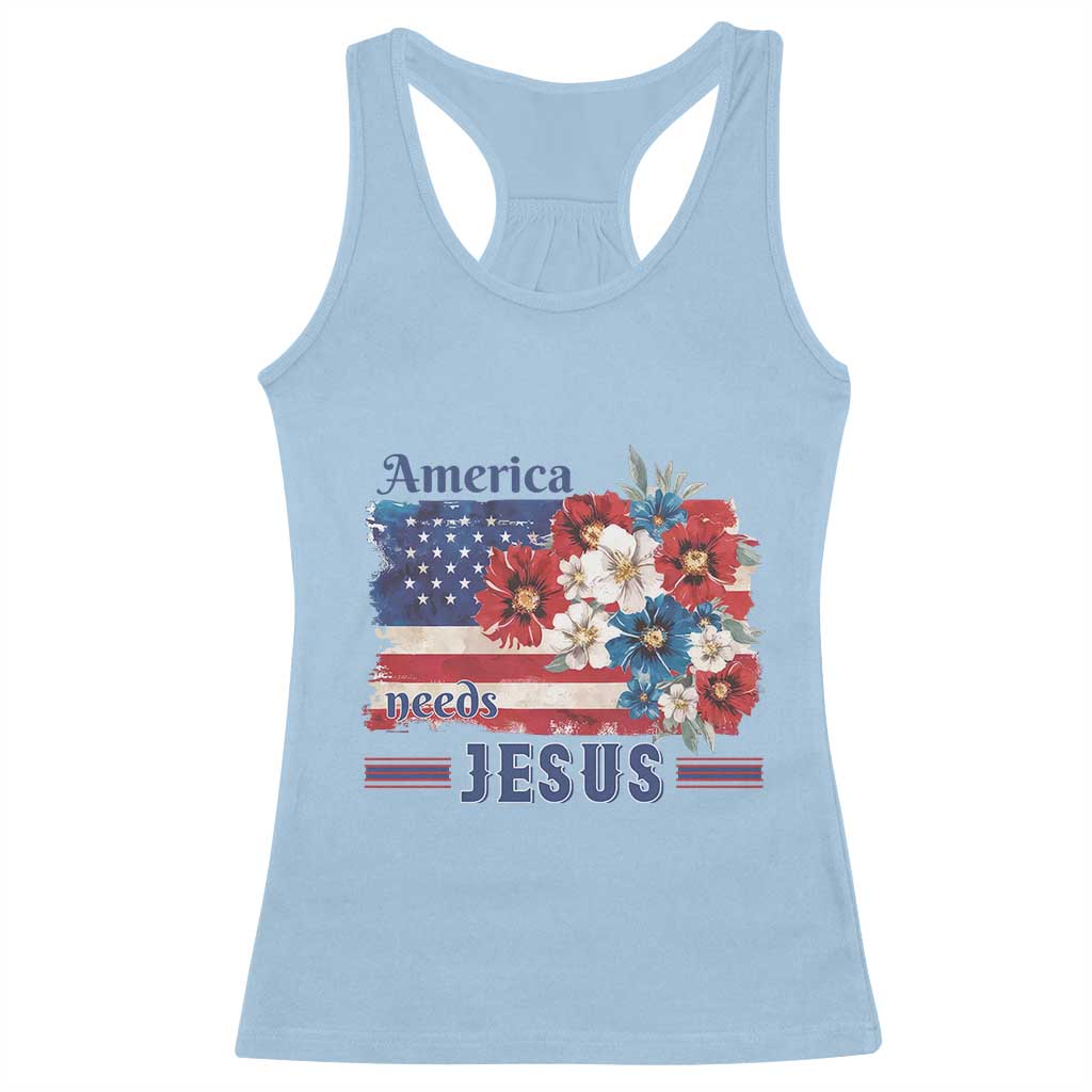 America Needs Jesus Racerback Tank Top Christian Floral US Flag 4th of July