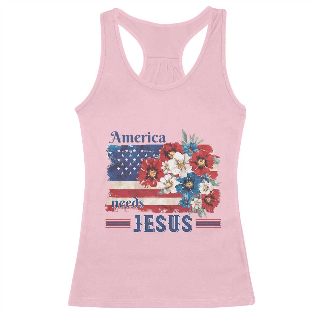 America Needs Jesus Racerback Tank Top Christian Floral US Flag 4th of July
