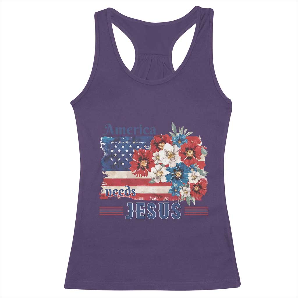 America Needs Jesus Racerback Tank Top Christian Floral US Flag 4th of July