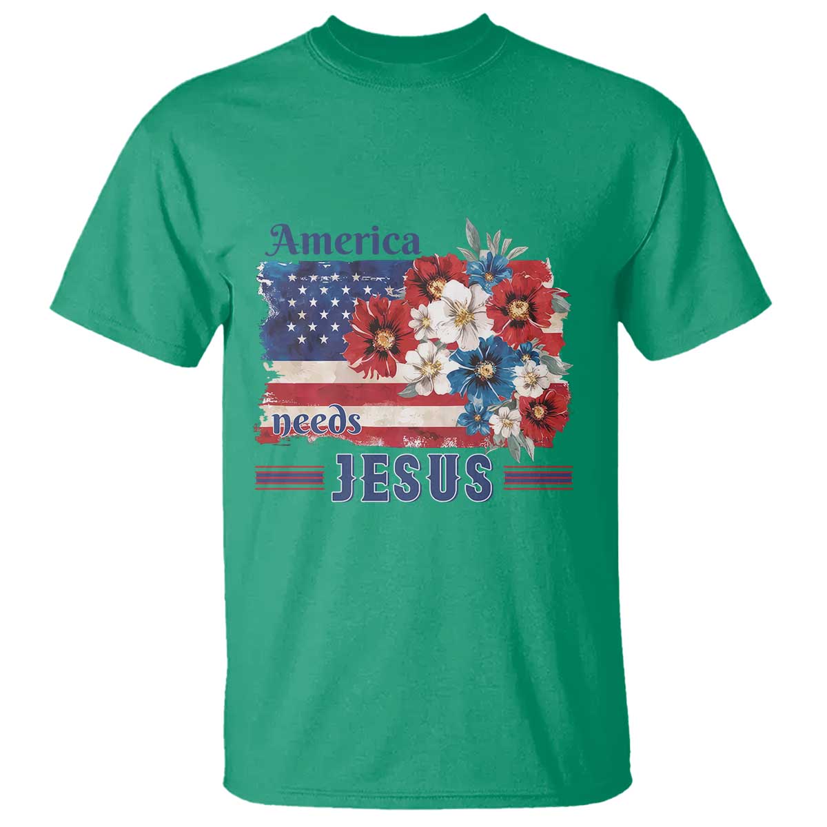 America Needs Jesus T Shirt Christian Floral US Flag 4th of July