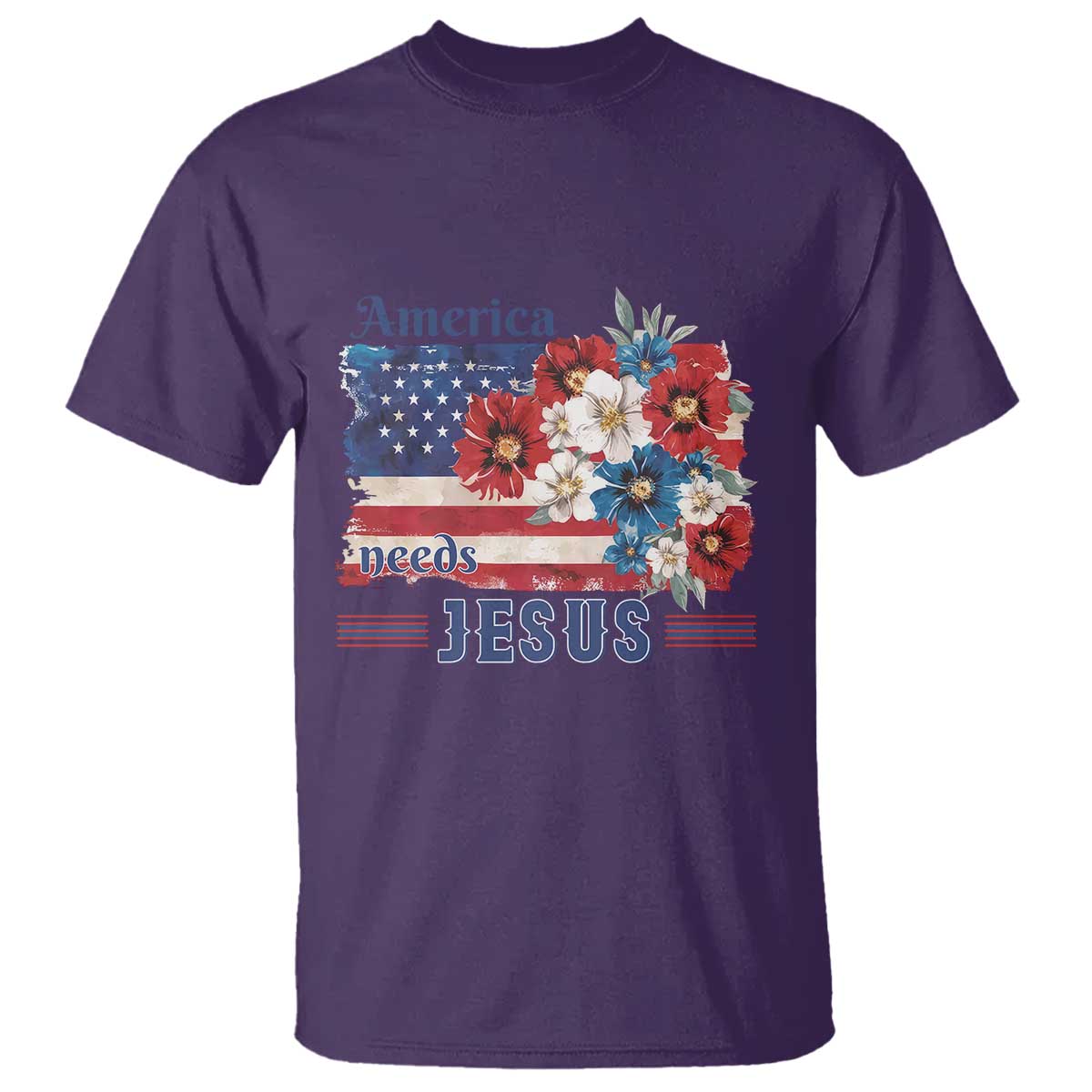 America Needs Jesus T Shirt Christian Floral US Flag 4th of July