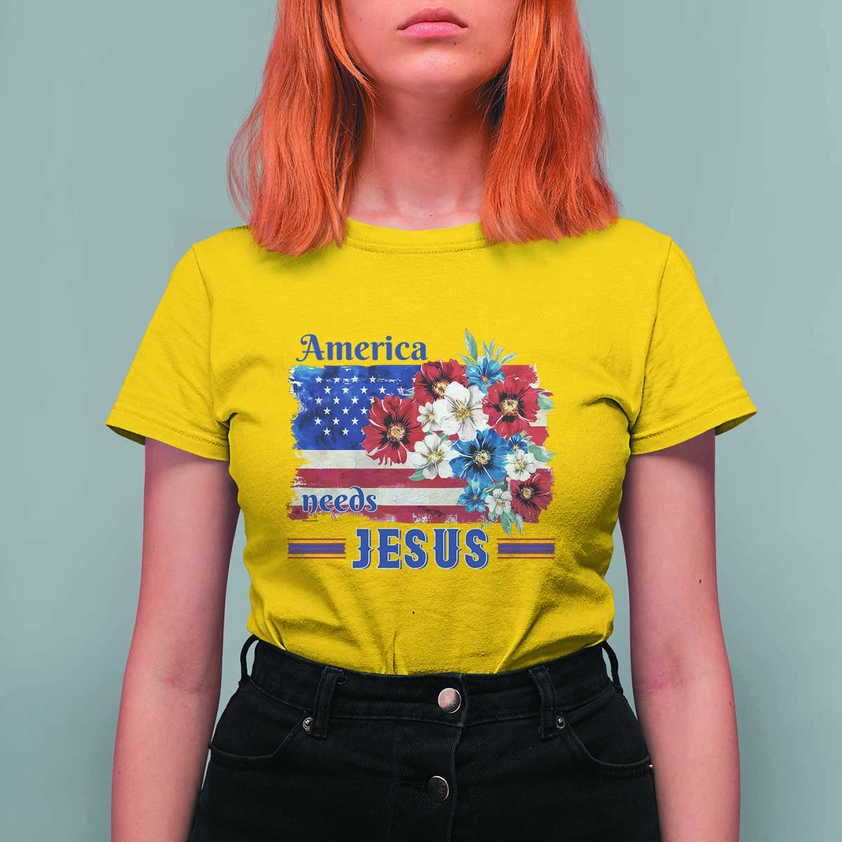 America Needs Jesus T Shirt For Women Christian Floral US Flag 4th of July