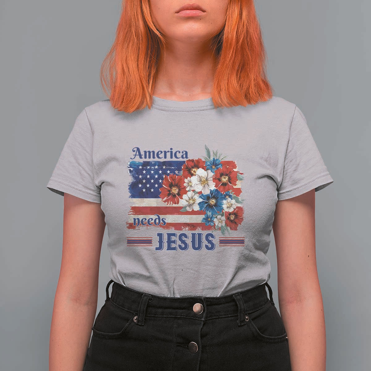America Needs Jesus T Shirt For Women Christian Floral US Flag 4th of July