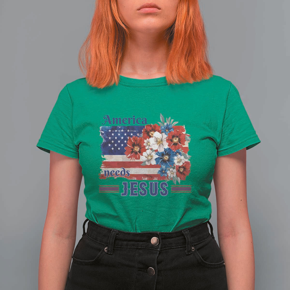 America Needs Jesus T Shirt For Women Christian Floral US Flag 4th of July
