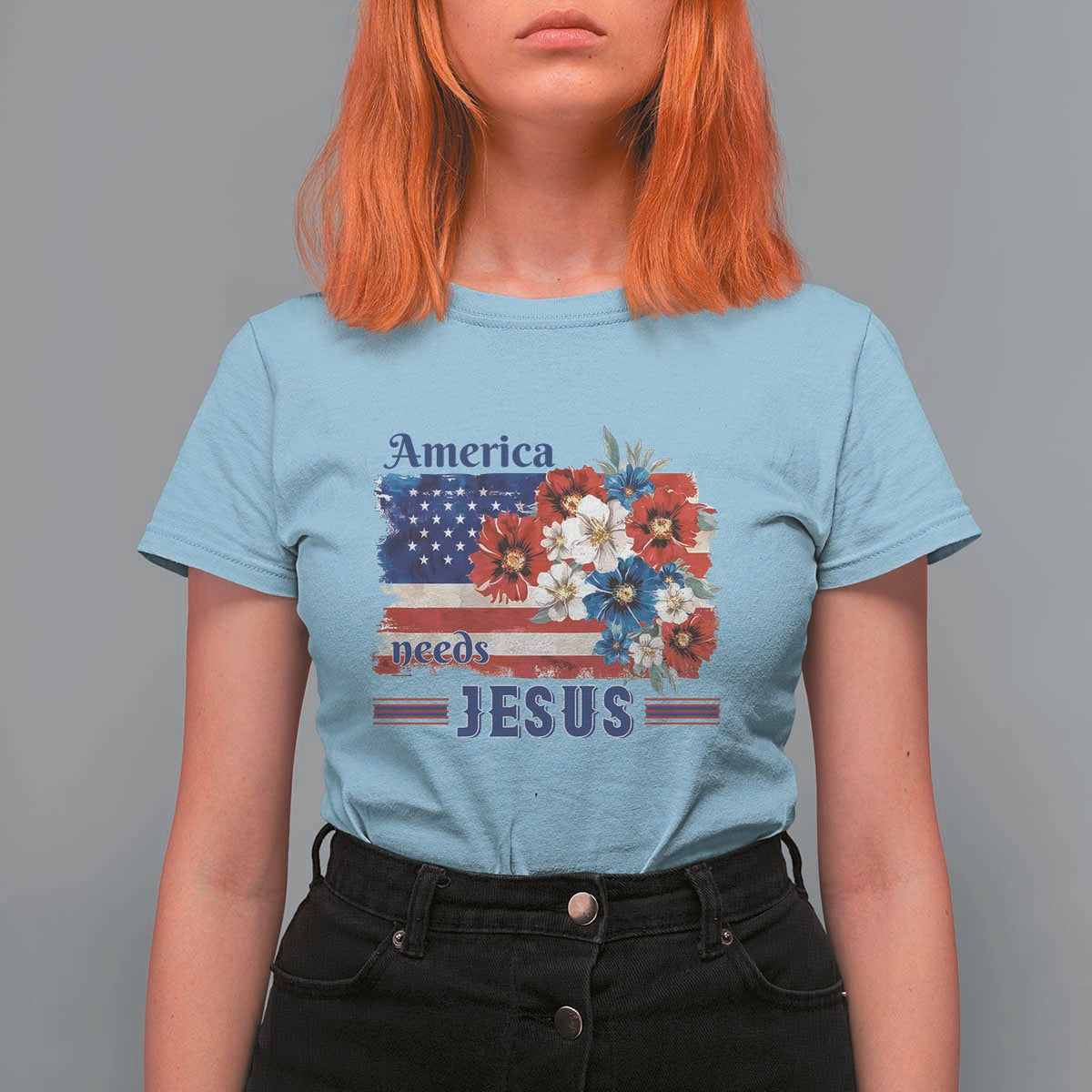 America Needs Jesus T Shirt For Women Christian Floral US Flag 4th of July