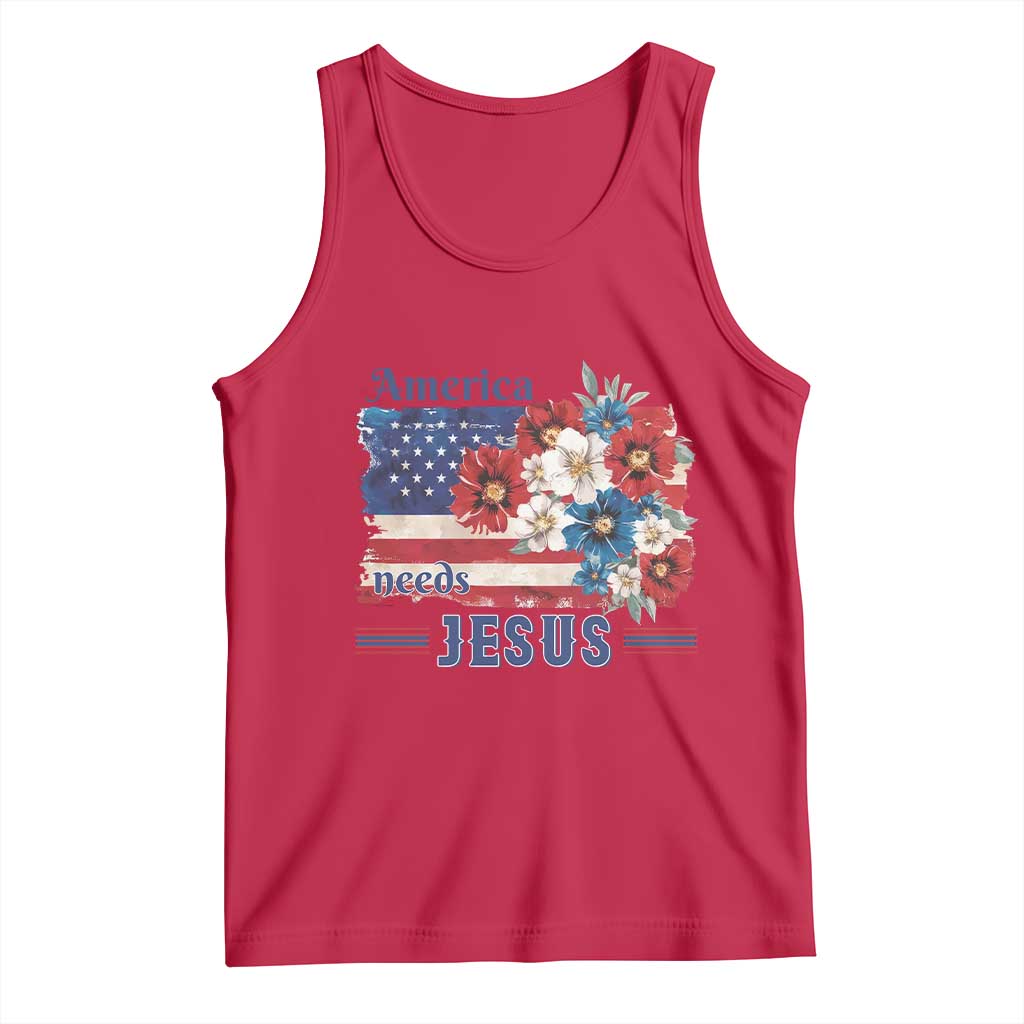 America Needs Jesus Tank Top Christian Floral US Flag 4th of July