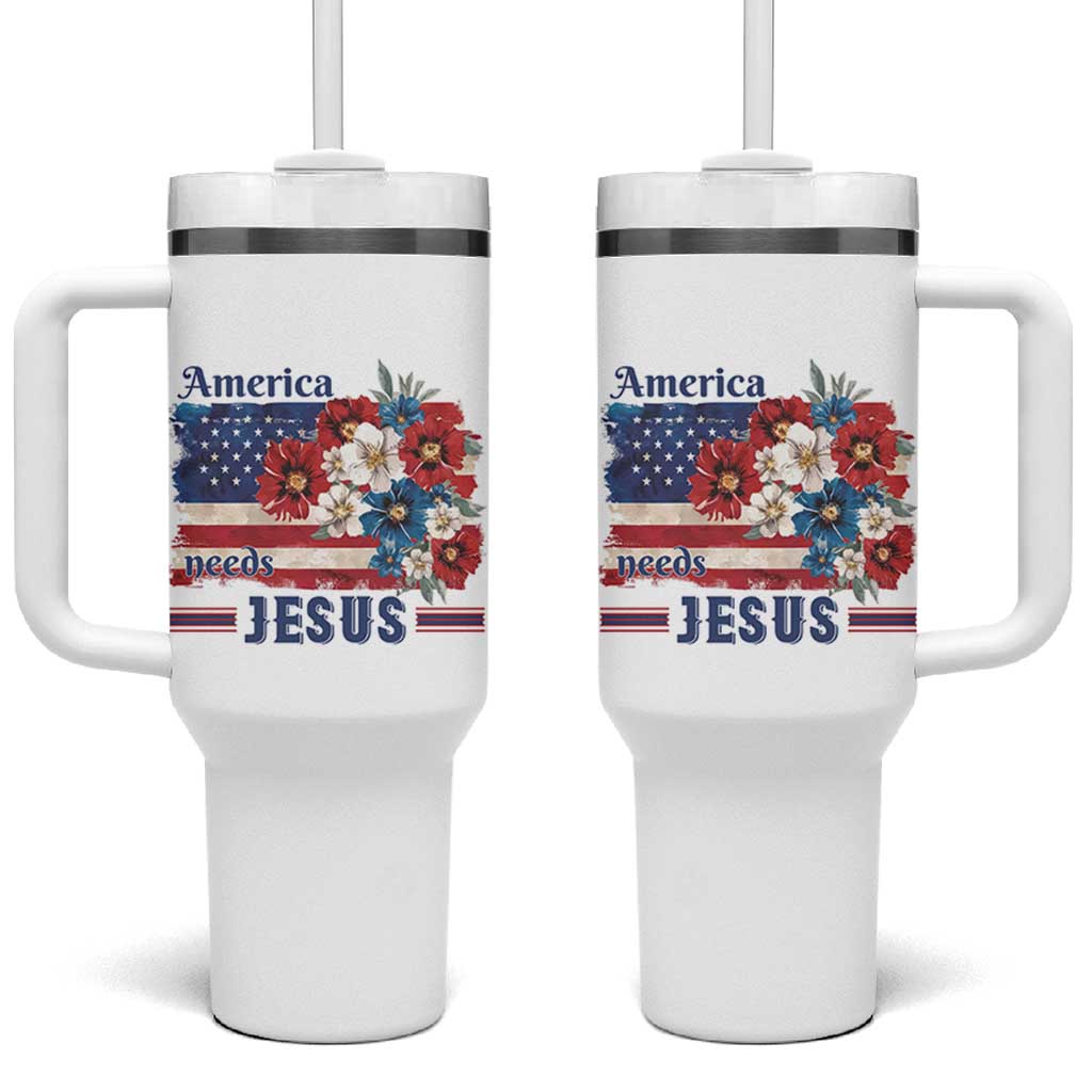 America Needs Jesus Tumbler With Handle Christian Floral US Flag 4th of July