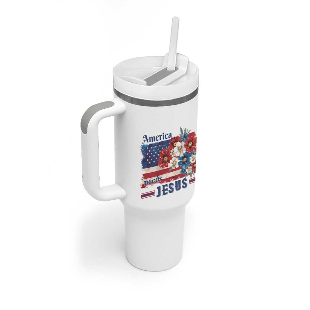 America Needs Jesus Tumbler With Handle Christian Floral US Flag 4th of July