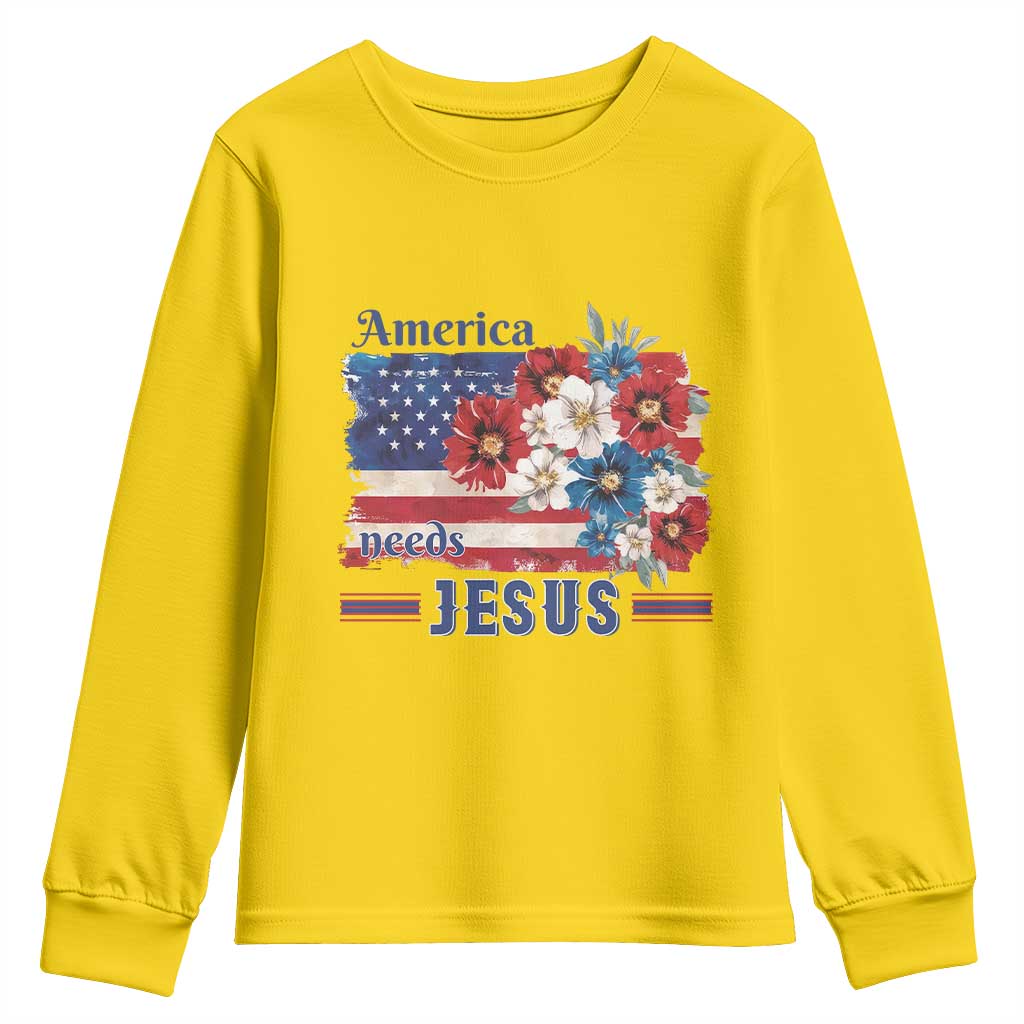 America Needs Jesus Youth Sweatshirt Christian Floral US Flag 4th of July