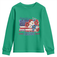America Needs Jesus Youth Sweatshirt Christian Floral US Flag 4th of July