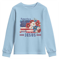 America Needs Jesus Youth Sweatshirt Christian Floral US Flag 4th of July