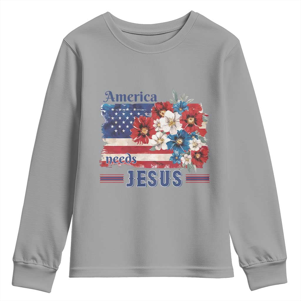 America Needs Jesus Youth Sweatshirt Christian Floral US Flag 4th of July