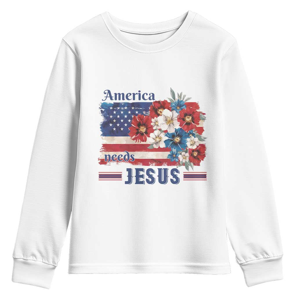 America Needs Jesus Youth Sweatshirt Christian Floral US Flag 4th of July