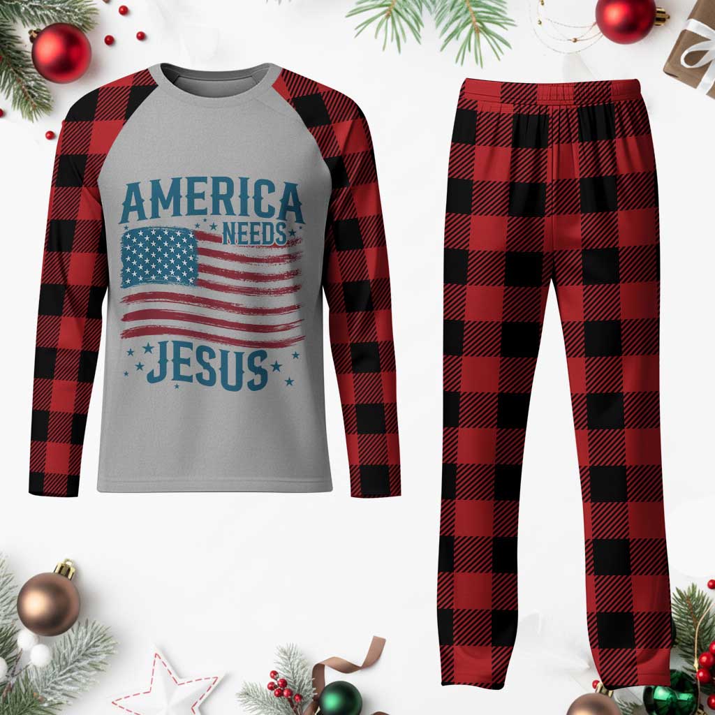 America Needs Jesus Plaid Pajama Set 4th of July Christian