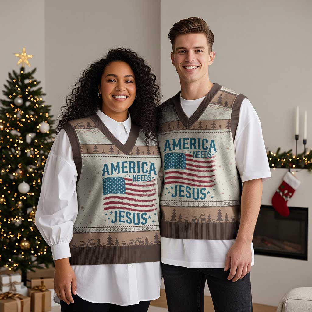 America Needs Jesus V-Neck Knit Sweater Vest 4th of July Christian