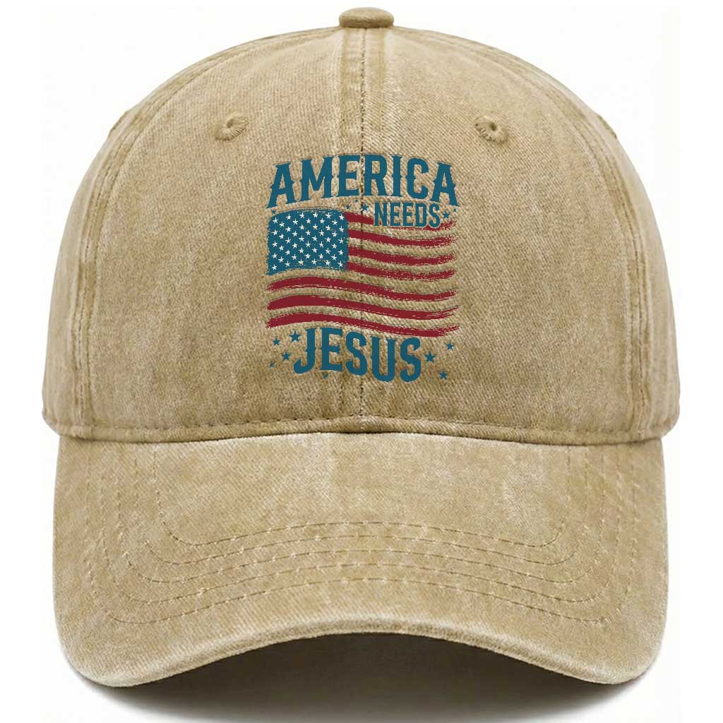 America Needs Jesus Washed Cotton Baseball Cap 4th of July Christian