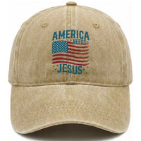 America Needs Jesus Washed Cotton Baseball Cap 4th of July Christian