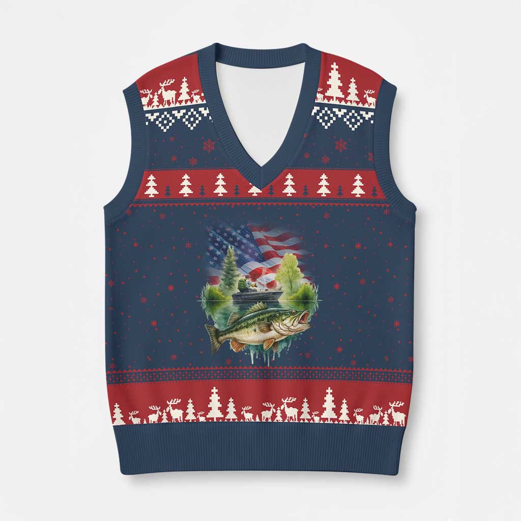 Bass Fishing Patriotic American Flag V-Neck Knit Sweater Vest - Wonder Print Shop