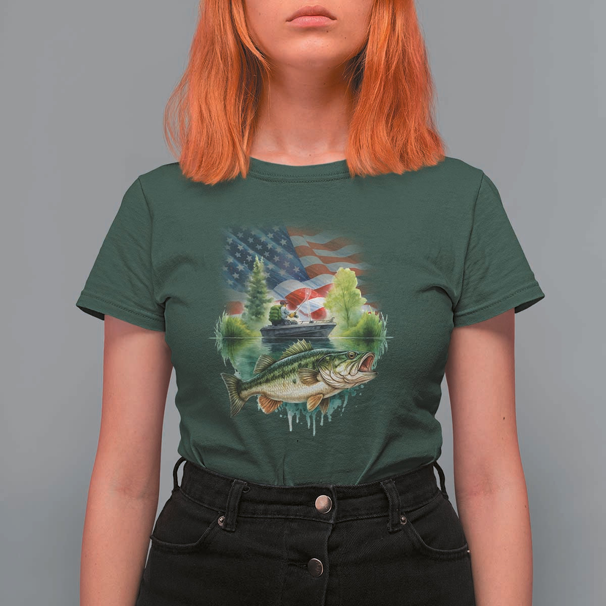Bass Fishing Patriotic American Flag T Shirt For Women - Wonder Print Shop