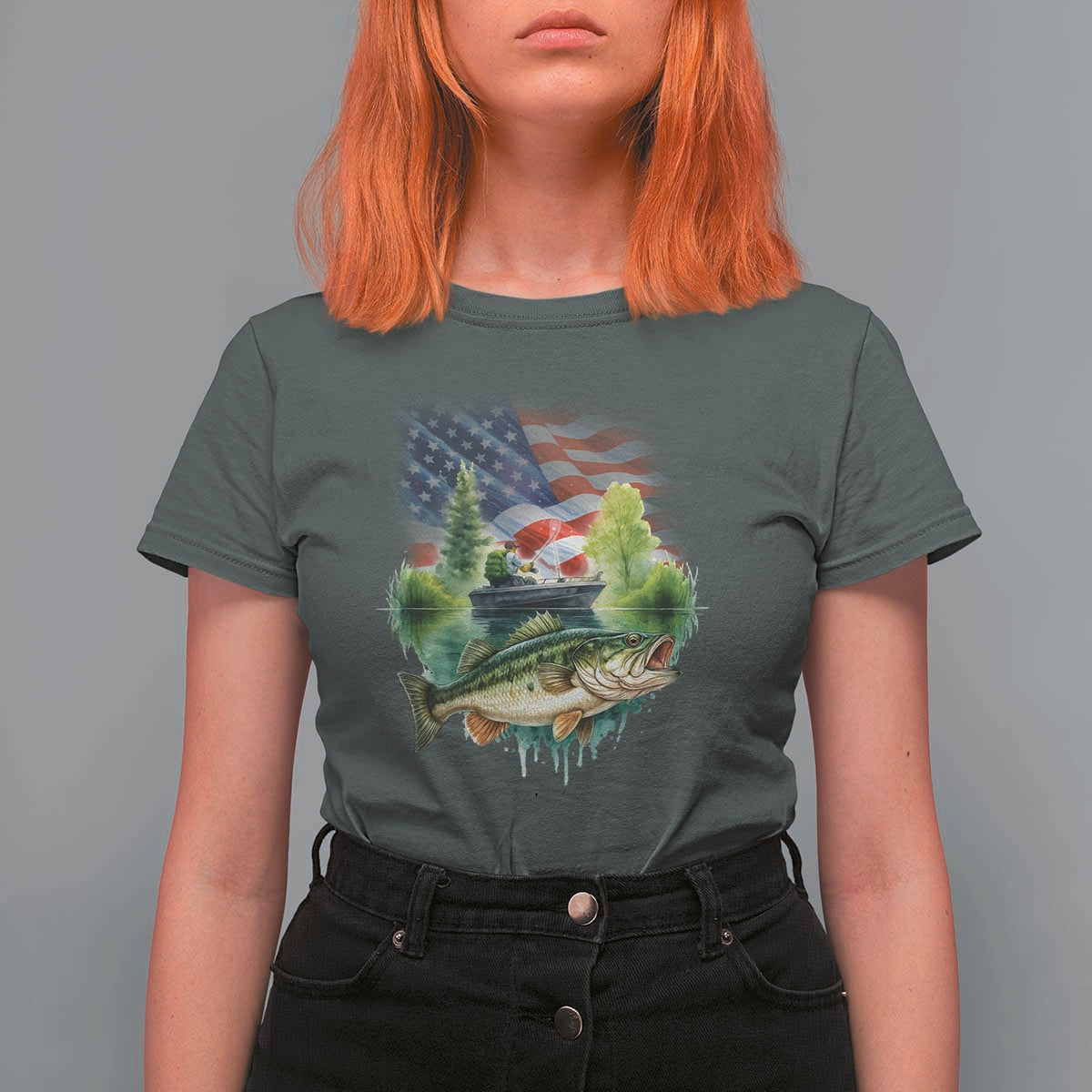 Bass Fishing Patriotic American Flag T Shirt For Women - Wonder Print Shop