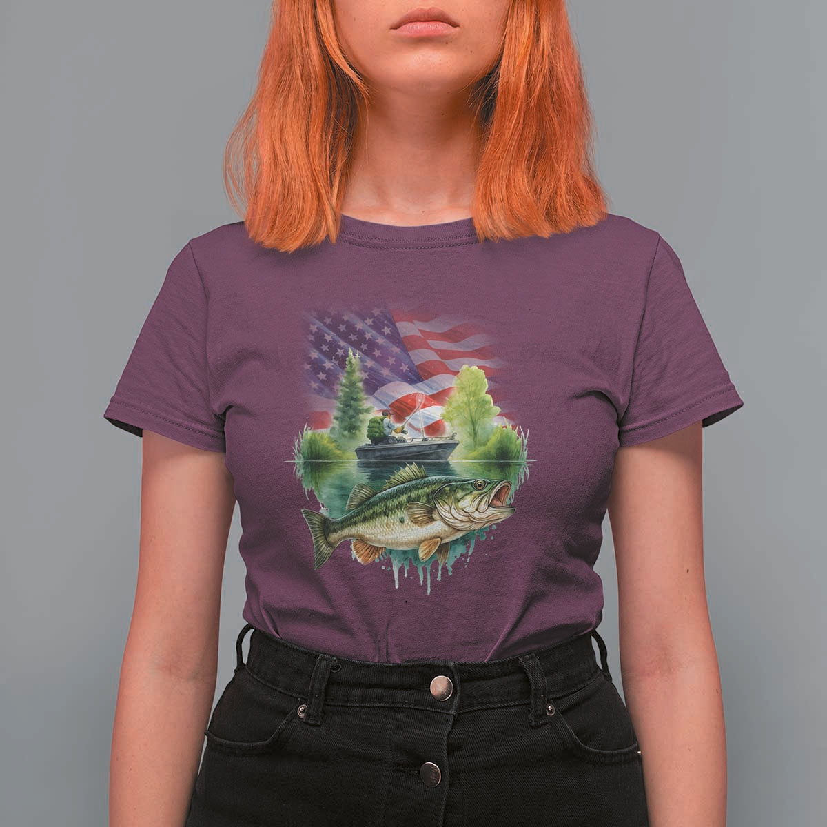 Bass Fishing Patriotic American Flag T Shirt For Women - Wonder Print Shop