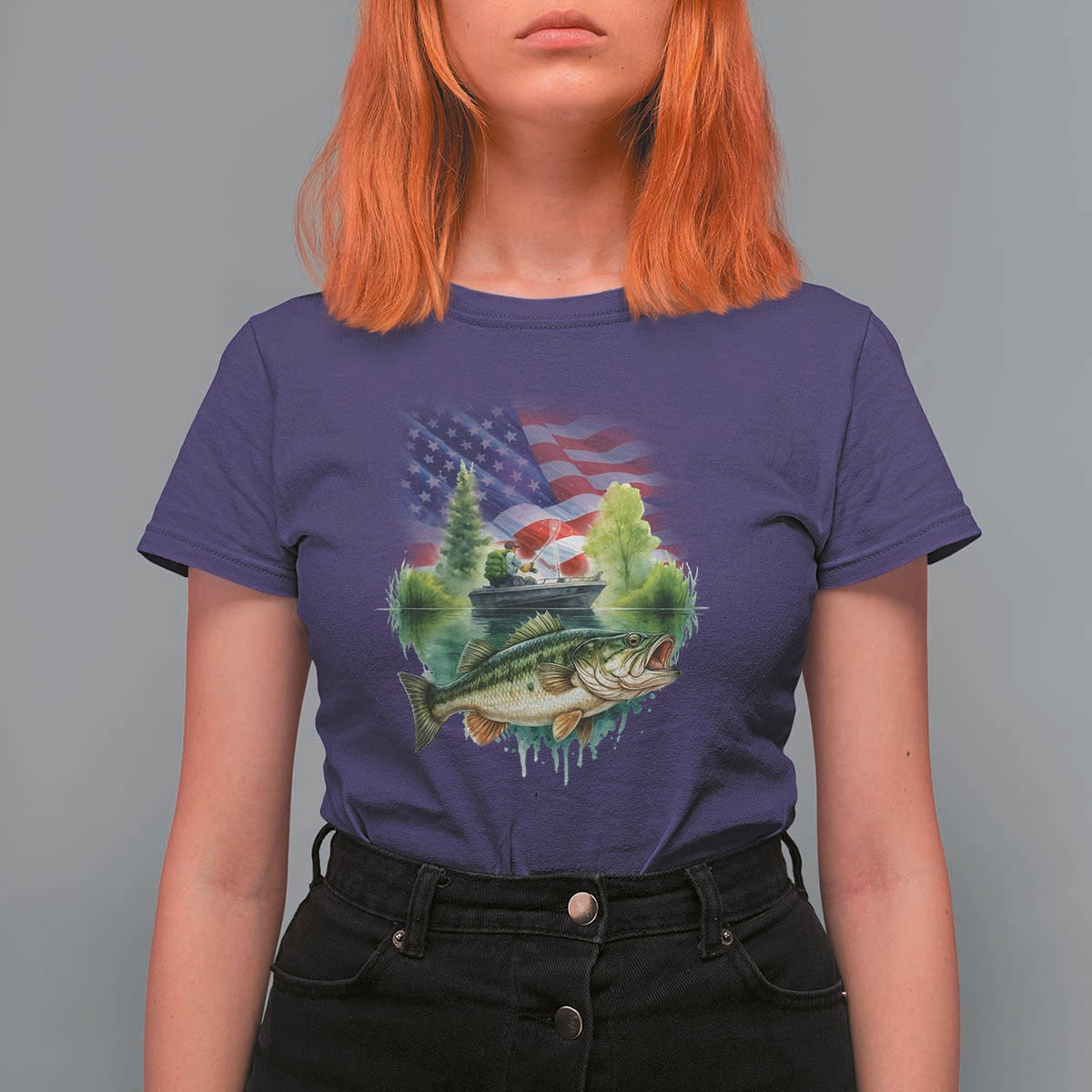 Bass Fishing Patriotic American Flag T Shirt For Women - Wonder Print Shop