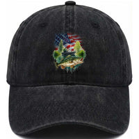 Bass Fishing Patriotic American Flag Washed Cotton Baseball Cap