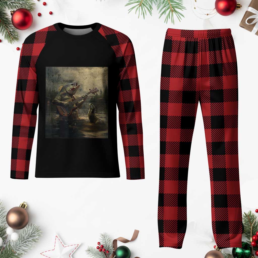 Weird Bass Fish Playing Bass Guitar Plaid Pajama Set Funny Cursed Meme - Wonder Print Shop