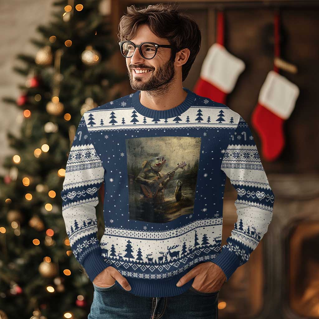 Weird Bass Fish Playing Bass Guitar Ugly Christmas Sweater Funny Cursed Meme - Wonder Print Shop