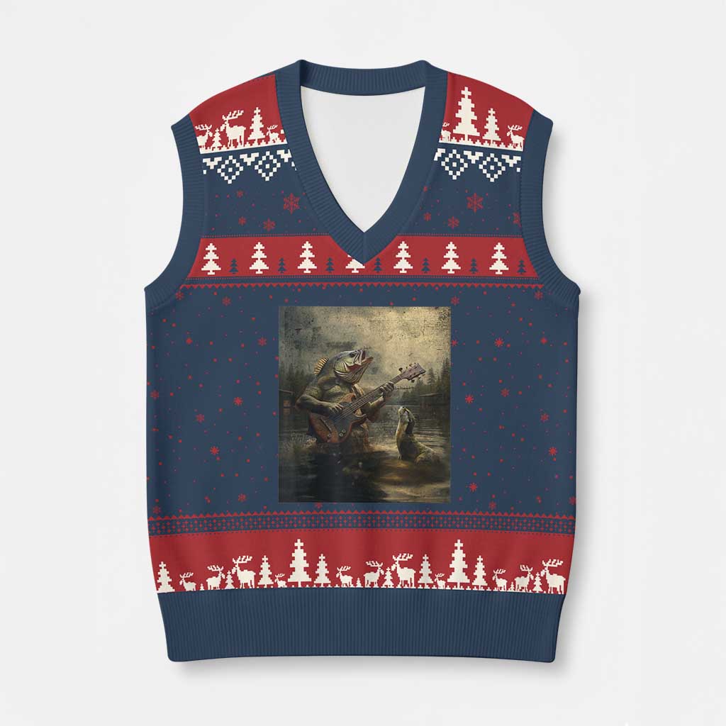 Weird Bass Fish Playing Bass Guitar V-Neck Knit Sweater Vest Funny Cursed Meme - Wonder Print Shop