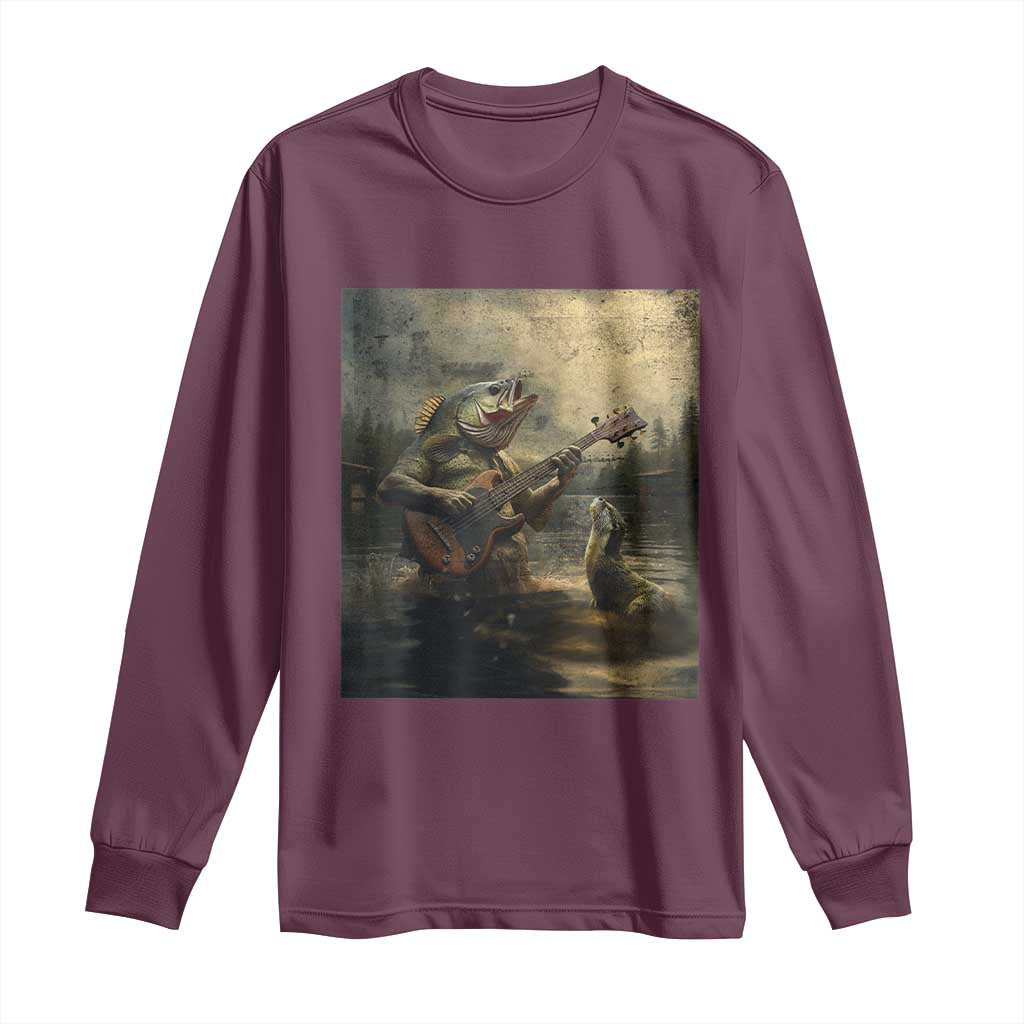 Weird Bass Fish Playing Bass Guitar Long Sleeve Shirt Funny Cursed Meme - Wonder Print Shop
