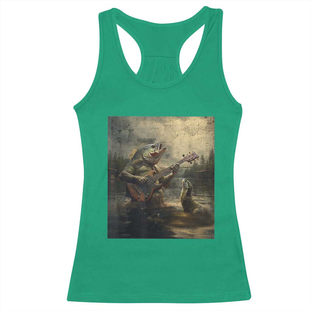 Weird Bass Fish Playing Bass Guitar Racerback Tank Top Funny Cursed Meme - Wonder Print Shop