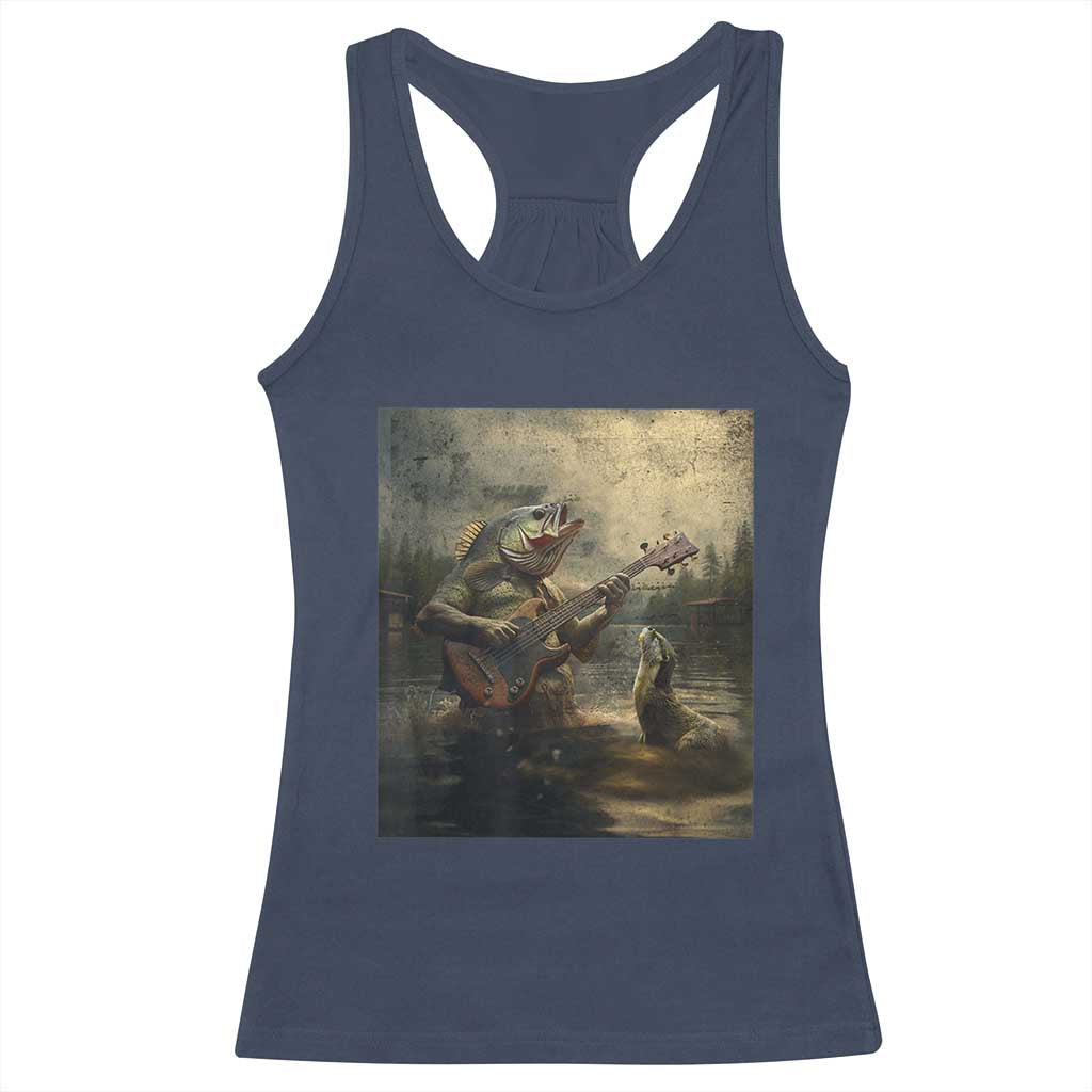 Weird Bass Fish Playing Bass Guitar Racerback Tank Top Funny Cursed Meme - Wonder Print Shop
