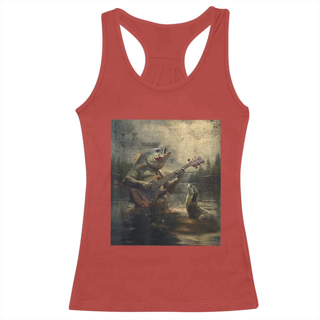 Weird Bass Fish Playing Bass Guitar Racerback Tank Top Funny Cursed Meme - Wonder Print Shop