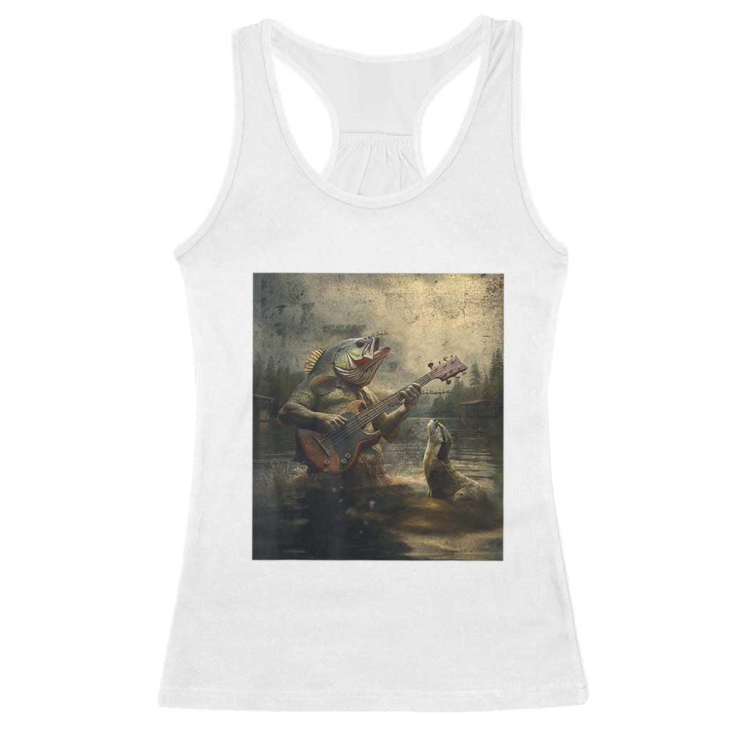 Weird Bass Fish Playing Bass Guitar Racerback Tank Top Funny Cursed Meme - Wonder Print Shop