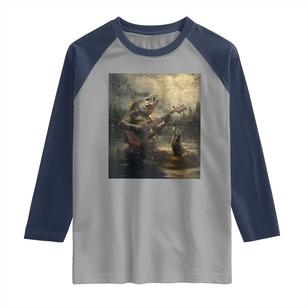 Weird Bass Fish Playing Bass Guitar Raglan Shirt Funny Cursed Meme - Wonder Print Shop