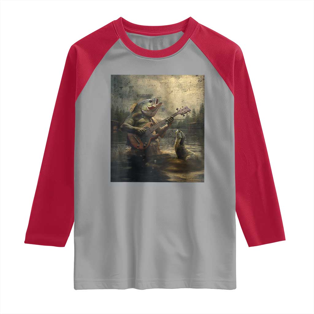 Weird Bass Fish Playing Bass Guitar Raglan Shirt Funny Cursed Meme - Wonder Print Shop