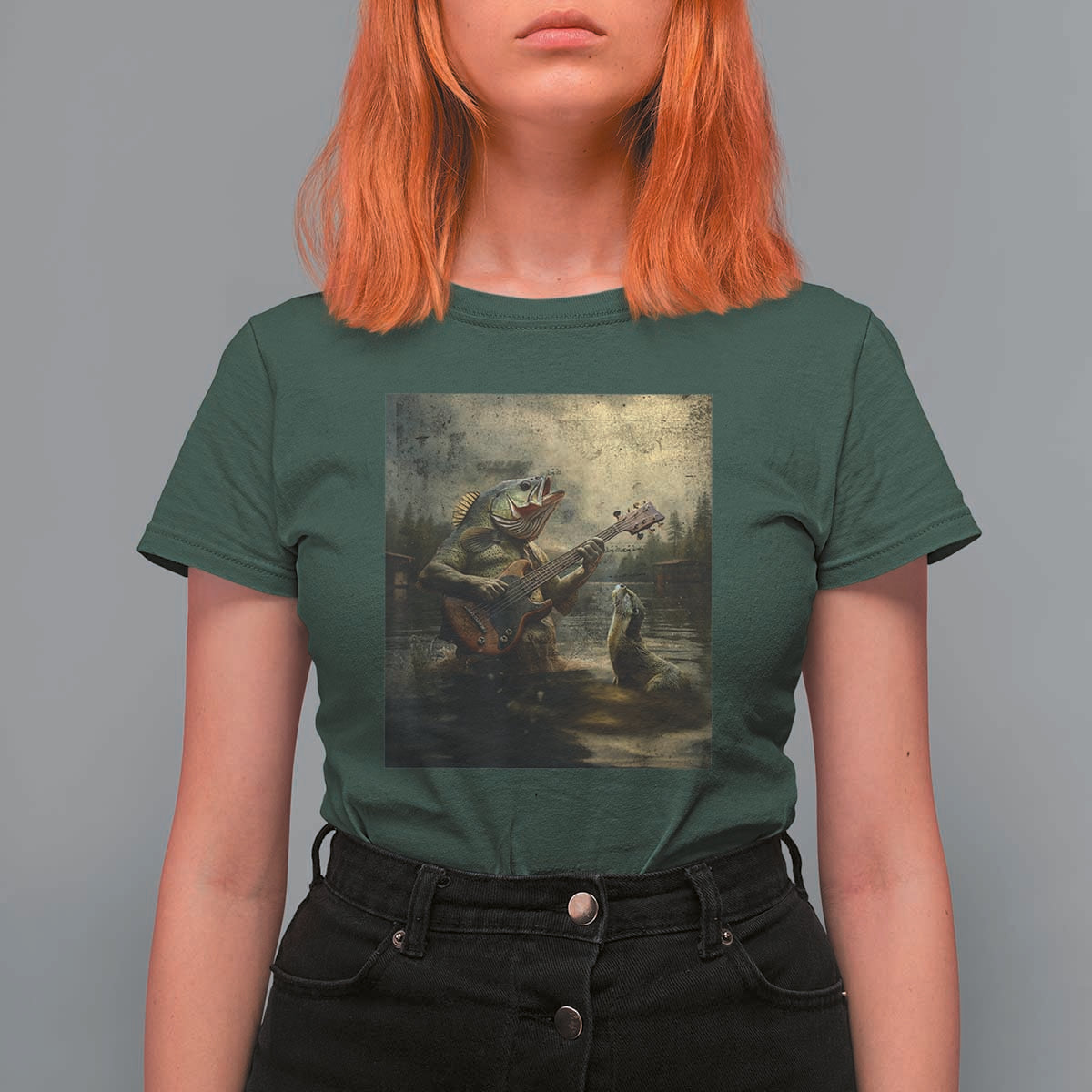 Weird Bass Fish Playing Bass Guitar T Shirt For Women Funny Cursed Meme - Wonder Print Shop