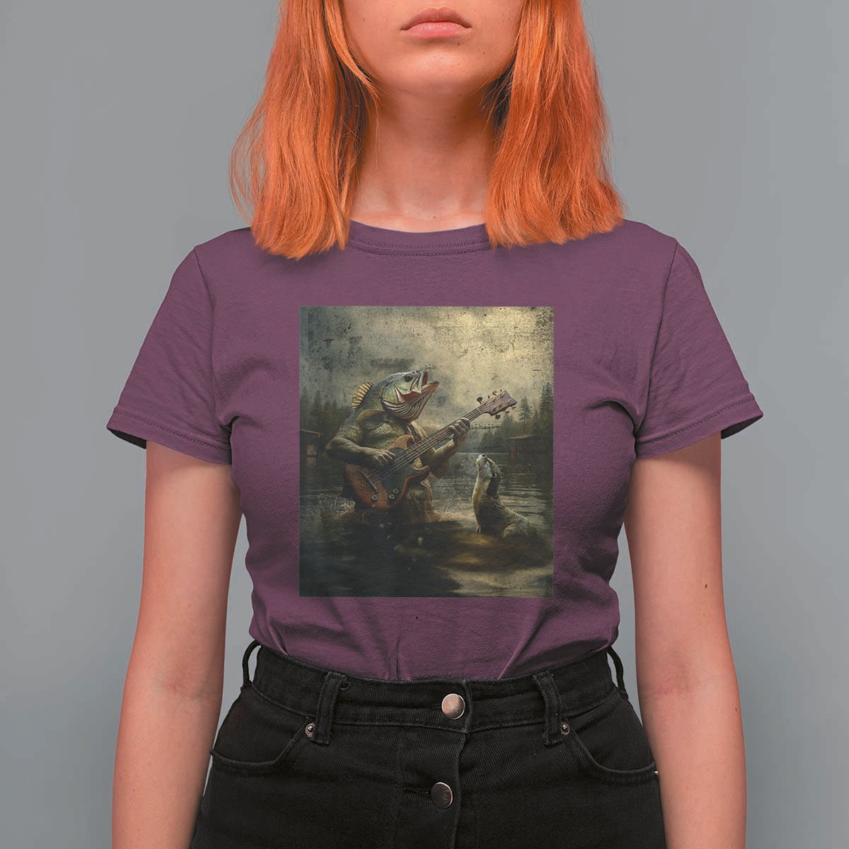 Weird Bass Fish Playing Bass Guitar T Shirt For Women Funny Cursed Meme - Wonder Print Shop