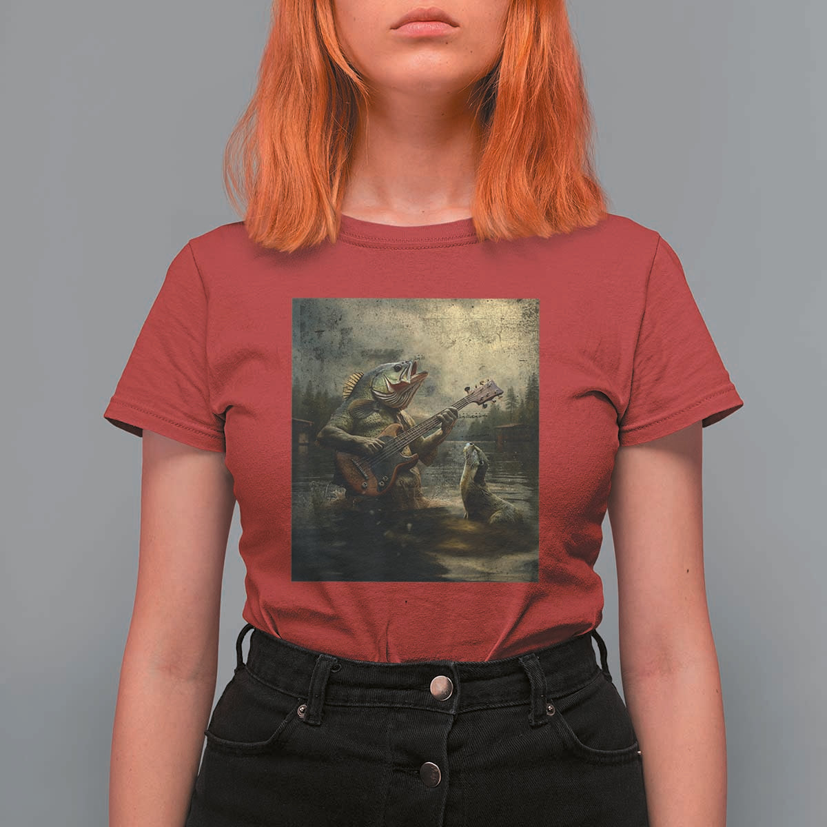 Weird Bass Fish Playing Bass Guitar T Shirt For Women Funny Cursed Meme - Wonder Print Shop