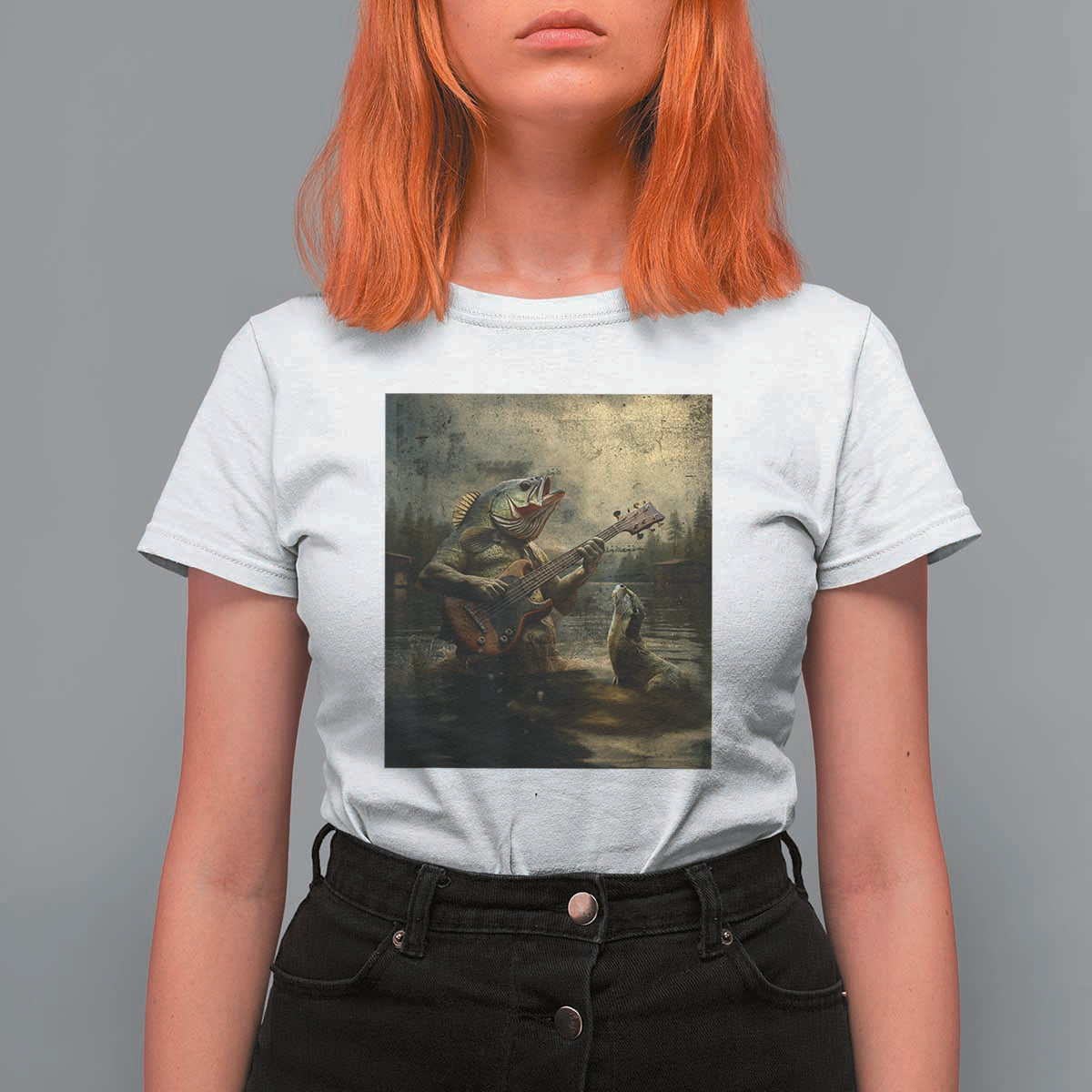 Weird Bass Fish Playing Bass Guitar T Shirt For Women Funny Cursed Meme - Wonder Print Shop