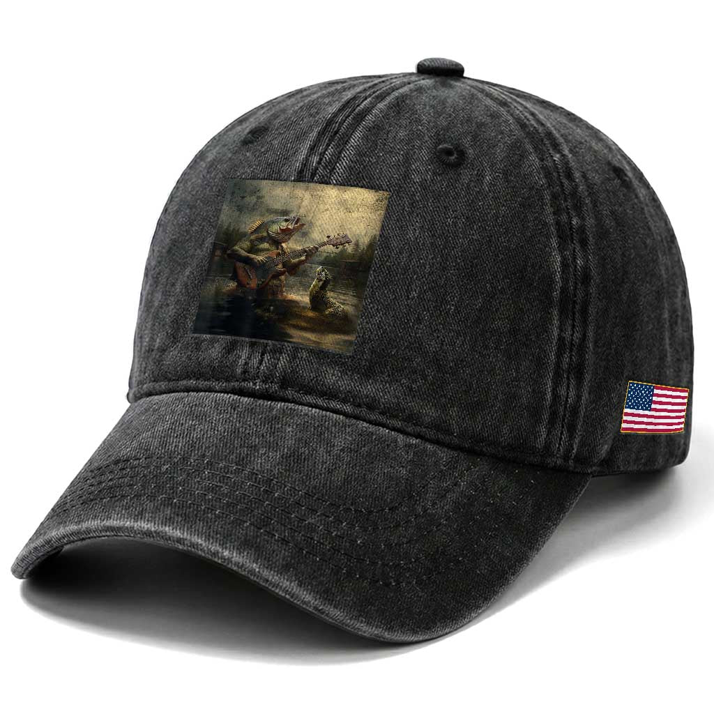 Weird Bass Fish Playing Bass Guitar Washed Cotton Baseball Cap Funny Cursed Meme