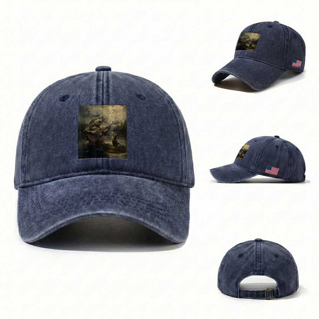 Weird Bass Fish Playing Bass Guitar Washed Cotton Baseball Cap Funny Cursed Meme